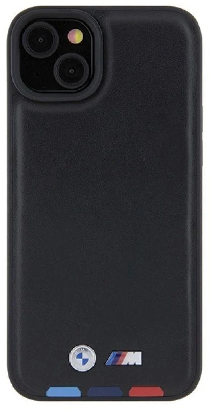 Dėklas BMW BMHCP15M22PTDK Apple iPhone 15 Plus / 14 Plus 6.7″ juodos spalvos Leather Stamp Tricolor