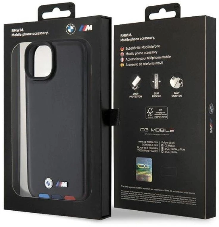 Dėklas BMW BMHCP15M22PTDK Apple iPhone 15 Plus / 14 Plus 6.7″ juodos spalvos Leather Stamp Tricolor