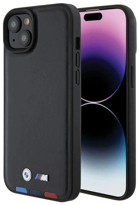 Dėklas BMW BMHCP15M22PTDK Apple iPhone 15 Plus / 14 Plus 6.7″ juodos spalvos Leather Stamp Tricolor