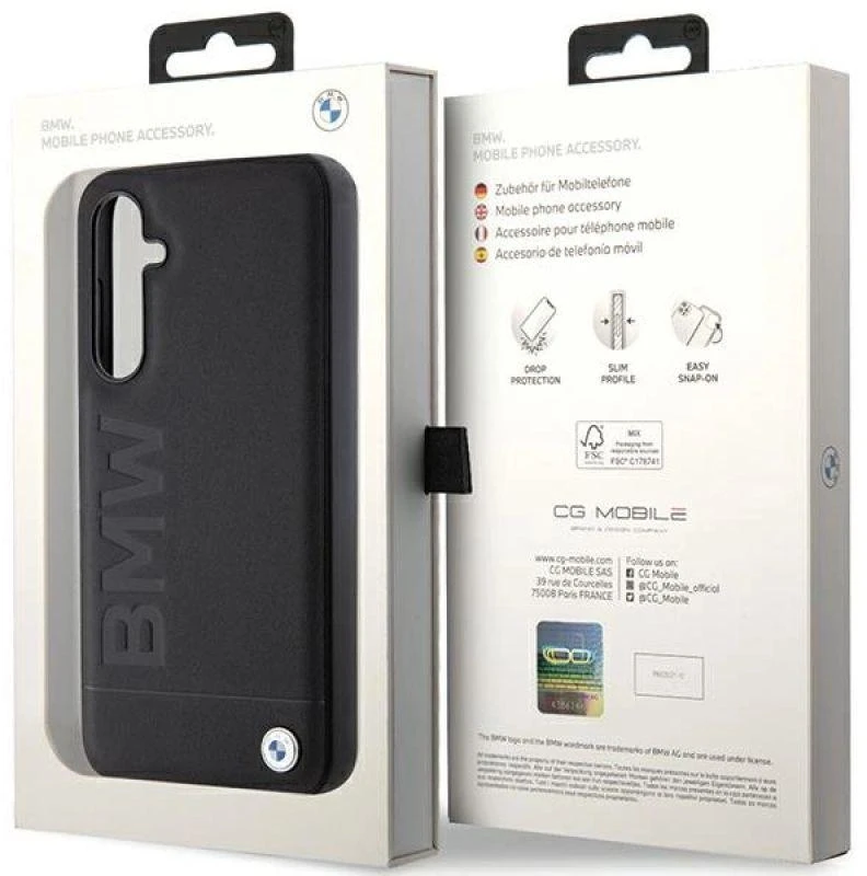 Originalus priekinio skydelio dėklas BMW BMHCS23FESLLBK, skirtas Samsung S23 FE (Leather Hot Stamp / juodas)