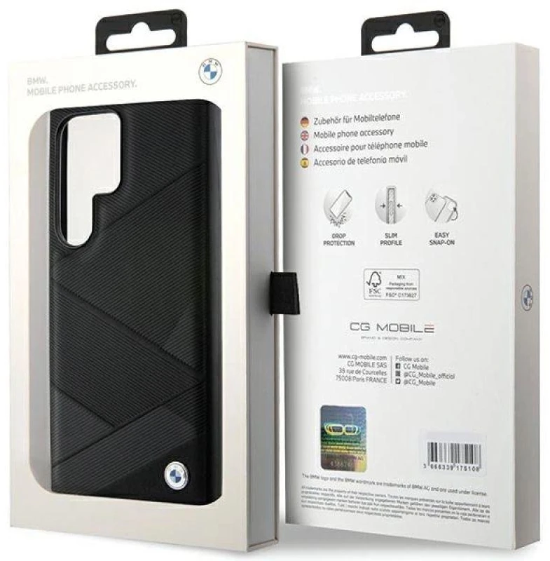 Dėklas BMW BMHCS24L23RCGPK S24 Ultra S928 juodos spalvos kietas dėklas Signature Leather Crossing Lines Pattern