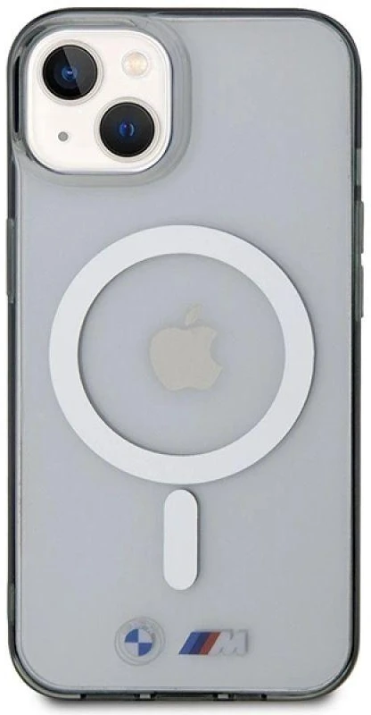 BMW BMHMP14SHCRS dėklas Apple iPhone 14 15 13 6.1″ skaidrus kietas dėklas Sidabrinis Ring MagSafe