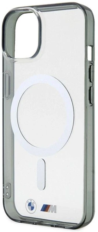 BMW BMHMP14SHCRS dėklas Apple iPhone 14 15 13 6.1″ skaidrus kietas dėklas Sidabrinis Ring MagSafe