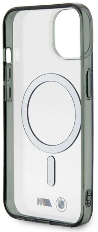 BMW BMHMP14SHCRS dėklas Apple iPhone 14 15 13 6.1″ skaidrus kietas dėklas Sidabrinis Ring MagSafe