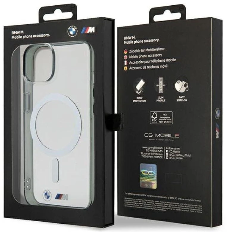 BMW BMHMP14SHCRS dėklas Apple iPhone 14 15 13 6.1″ skaidrus kietas dėklas Sidabrinis Ring MagSafe