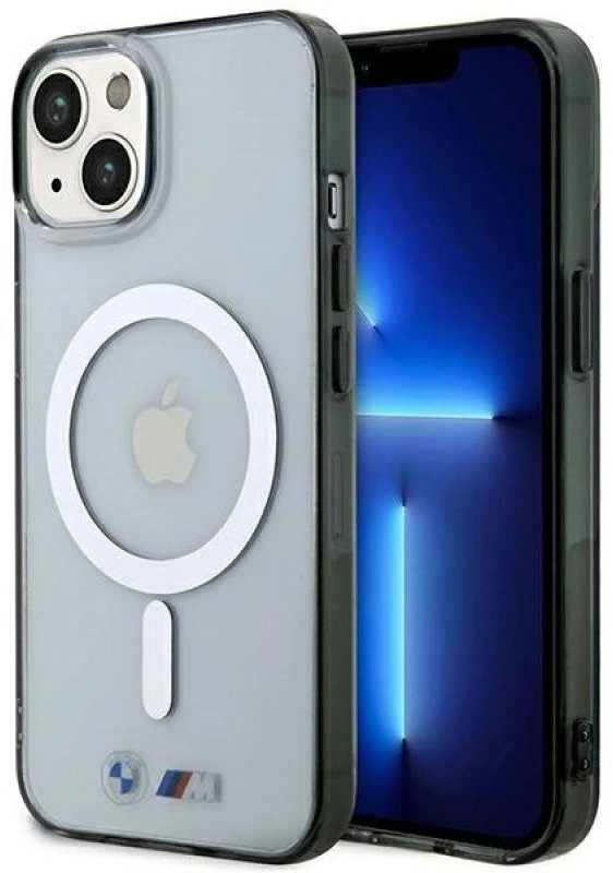 BMW BMHMP14SHCRS dėklas Apple iPhone 14 15 13 6.1″ skaidrus kietas dėklas Sidabrinis Ring MagSafe