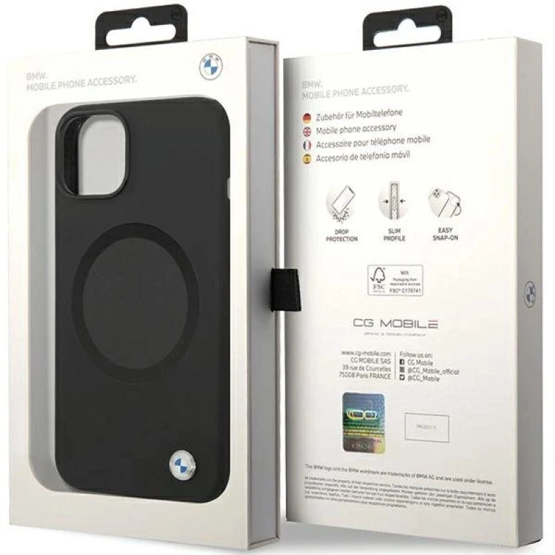Dėklas BMW BMHMP14SSILBK2 Apple iPhone 14 15 13 6.1″ juodos spalvos Signature Liquid Silicone MagSafe