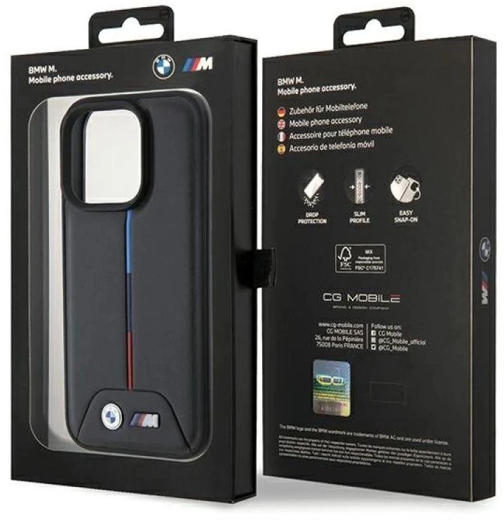 Dėklas BMW BMHCP15L22 PVTK Apple iPhone 15 Pro 6.1″ juodos spalvos kietas dėklas Quilted Tricolor
