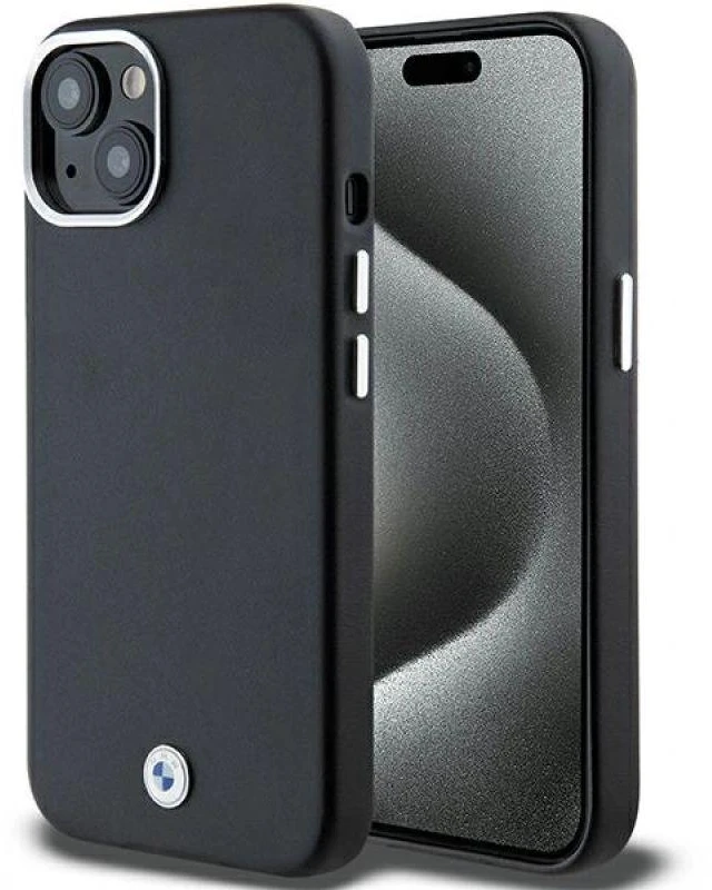 Dėklas BMW BMHMP14S23PUFWK Apple iPhone 14 / 15 / 13 6.1″ juodos spalvos Signature Wrapped Metal MagSafe