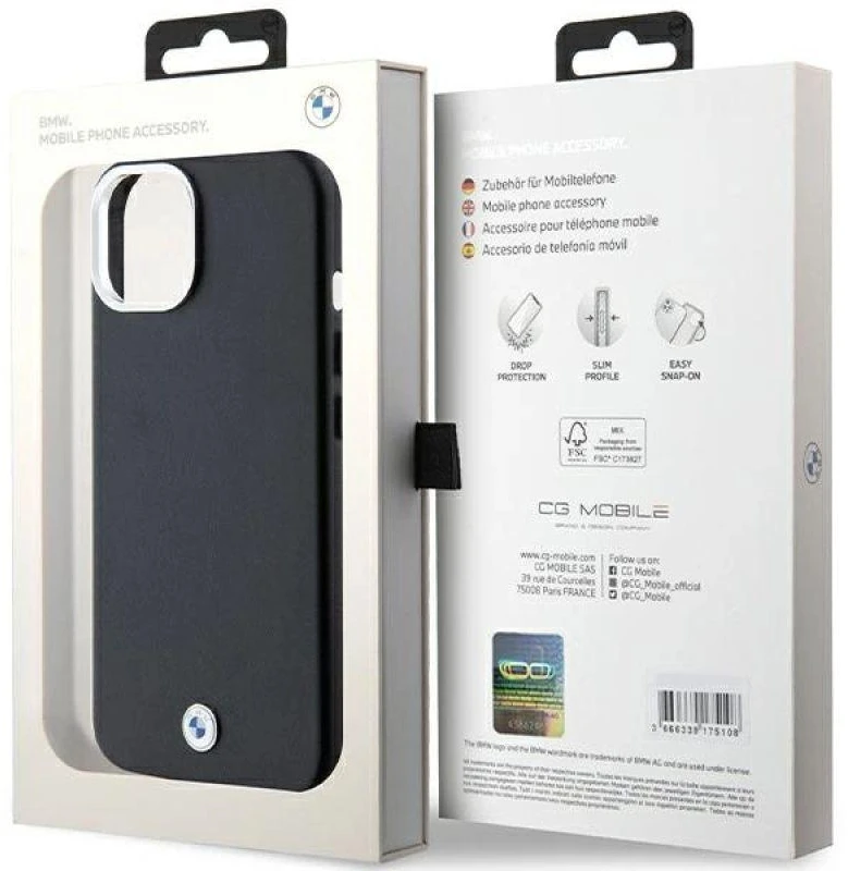 Dėklas BMW BMHMP14S23PUFWK Apple iPhone 14 / 15 / 13 6.1″ juodos spalvos Signature Wrapped Metal MagSafe