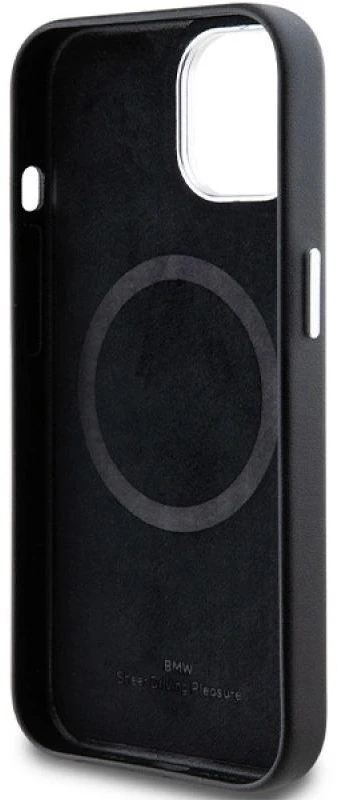 Dėklas BMW BMHMP14S23PUFWK Apple iPhone 14 / 15 / 13 6.1″ juodos spalvos Signature Wrapped Metal MagSafe