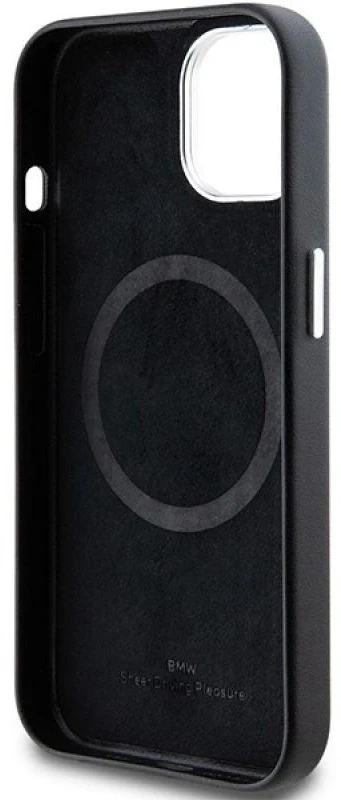 Dėklas BMW BMHMP15S23PUFWK Apple iPhone 15 / 14 / 13 6.1″ juodos spalvos Signature Wrapped Metal MagSafe