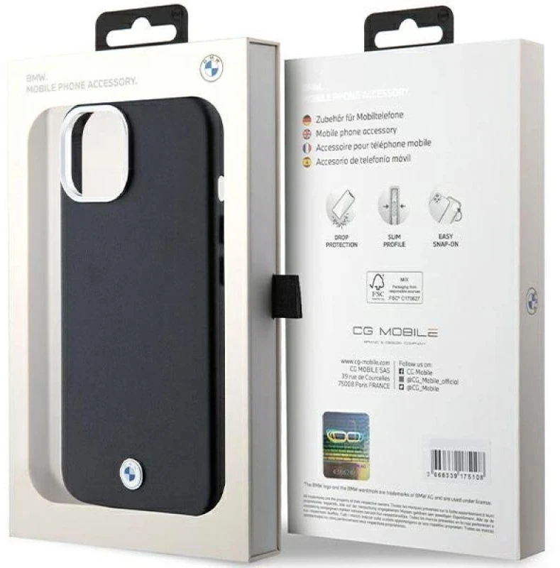 Dėklas BMW BMHMP15S23PUFWK Apple iPhone 15 / 14 / 13 6.1″ juodos spalvos Signature Wrapped Metal MagSafe
