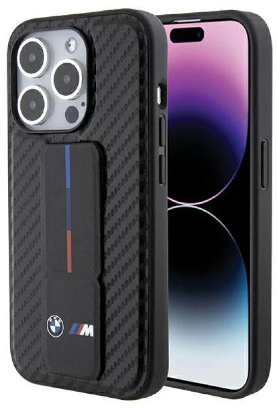 Dėklas BMW BMHCP15LGSPCCK Apple iPhone 15 Pro 6.1″ juodos spalvos kietas dėklas Grip Stand Smooth & Carbon