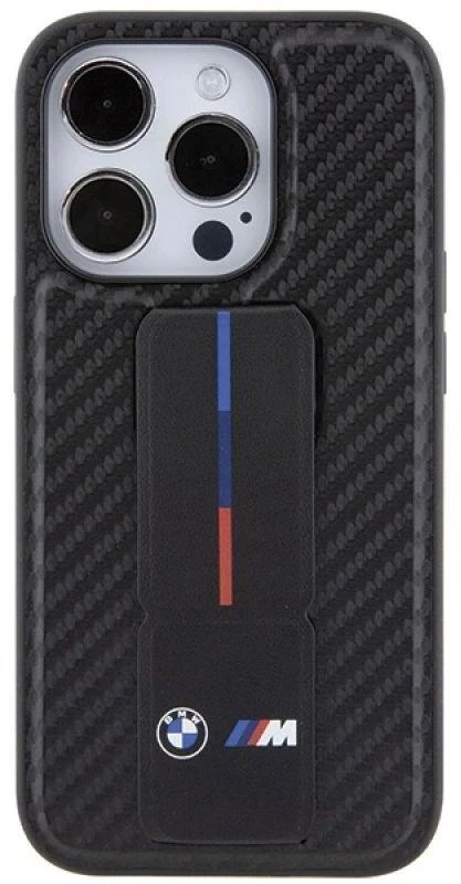 Dėklas BMW BMHCP15LGSPCCK Apple iPhone 15 Pro 6.1″ juodos spalvos kietas dėklas Grip Stand Smooth & Carbon