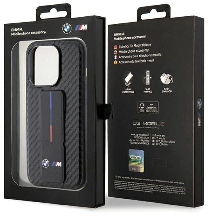 Dėklas BMW BMHCP15LGSPCCK Apple iPhone 15 Pro 6.1″ juodos spalvos kietas dėklas Grip Stand Smooth & Carbon