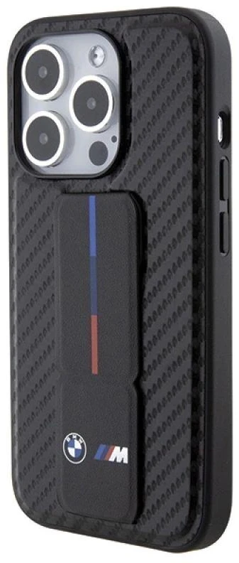 Dėklas BMW BMHCP15LGSPCCK Apple iPhone 15 Pro 6.1″ juodos spalvos kietas dėklas Grip Stand Smooth & Carbon