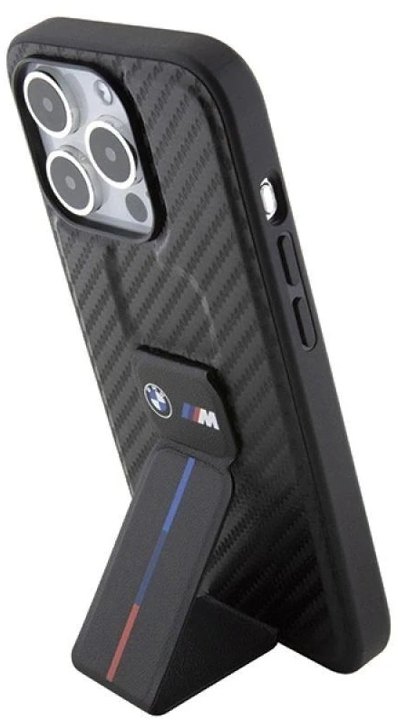 Dėklas BMW BMHCP15LGSPCCK Apple iPhone 15 Pro 6.1″ juodos spalvos kietas dėklas Grip Stand Smooth & Carbon