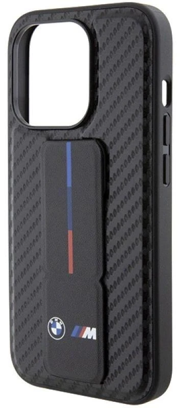Dėklas BMW BMHCP15LGSPCCK Apple iPhone 15 Pro 6.1″ juodos spalvos kietas dėklas Grip Stand Smooth & Carbon
