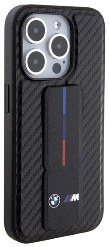 Dėklas BMW BMHCP15LGSPCCK Apple iPhone 15 Pro 6.1″ juodos spalvos kietas dėklas Grip Stand Smooth & Carbon