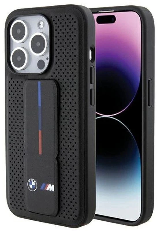 BMW Grip Stand Smooth & Perforated dėklas iPhone 15 Pro - juodas