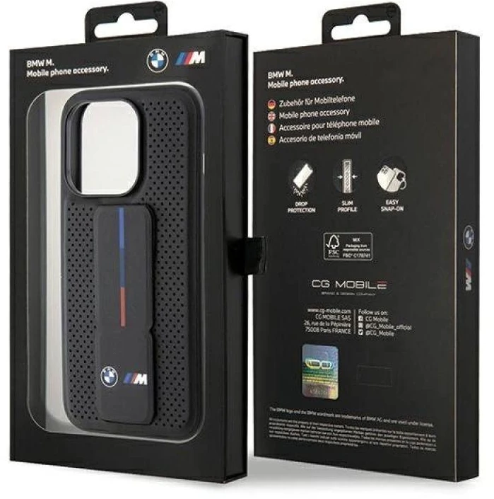BMW Grip Stand Smooth & Perforated dėklas iPhone 15 Pro - juodas
