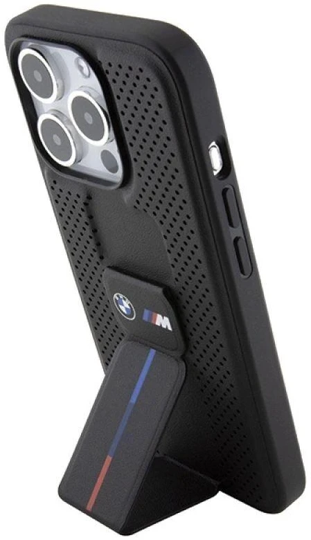 BMW Grip Stand Smooth & Perforated dėklas iPhone 15 Pro - juodas