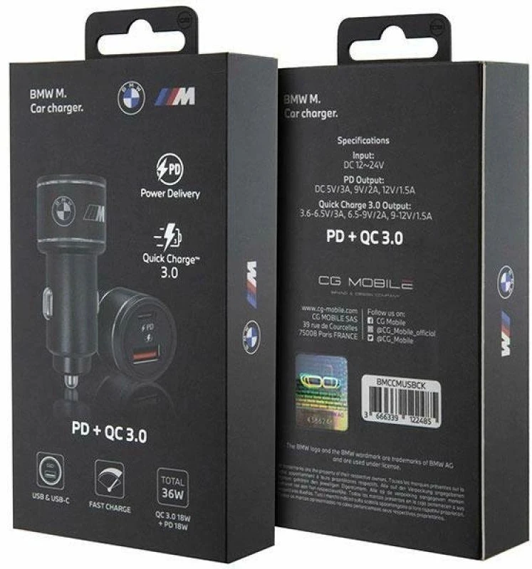 BMW charger BMCCMUSBCK PD-QC 3.0 20W Fast Charge juodos spalvos M Edition