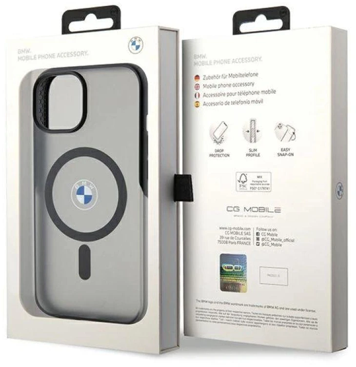 Dėklas BMW BMHMP15MDSLK Apple iPhone 15 Plus 14 Plus 6.7″ juodos spalvos kietas dėklas IML Signature MagSafe