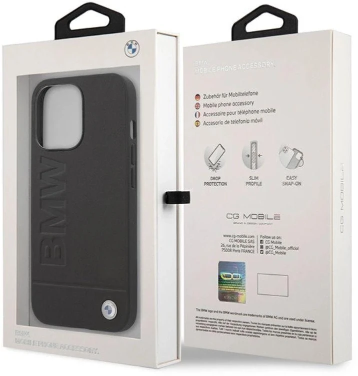 BMW BMHMP14XSLLBK Apple iPhone 14 Pro Max 6,7″ juodos spalvos kietas dėklas Signature Logo Imprint Magsafe