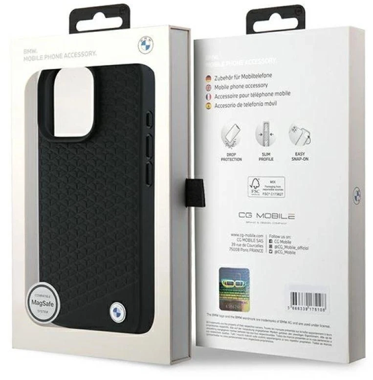 BMW BMHMP16X23RDDK iPhone 16 Pro Max 6.9″ juodos spalvos kietas dėklas Sign Leather Diamond Metal Logo MagSa