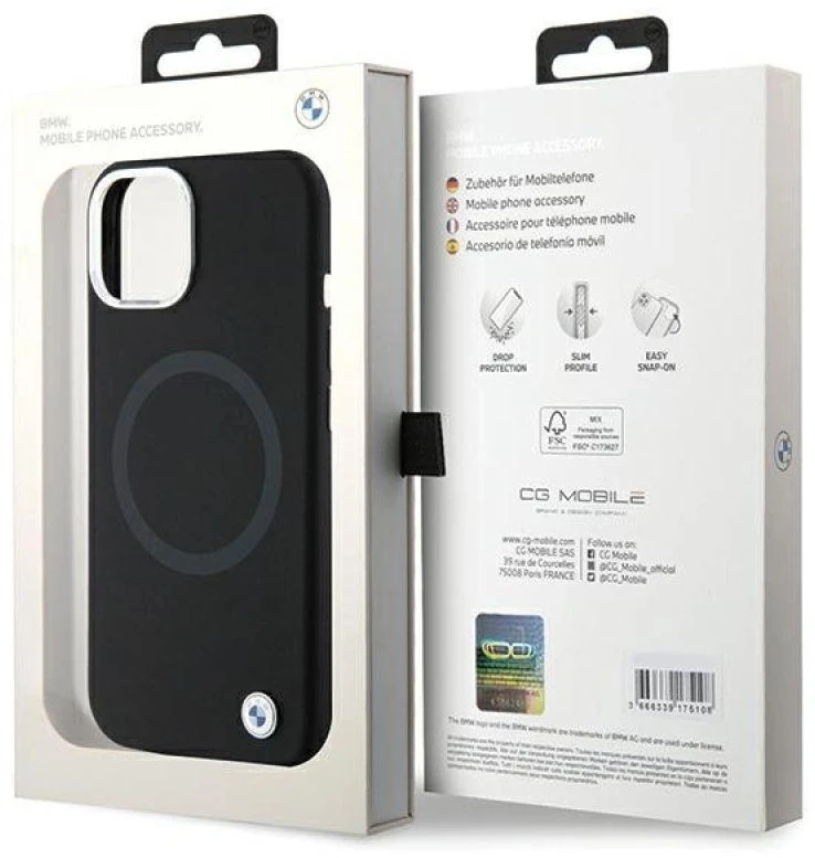 Dėklas BMW BMHMP15SSILBK2 Apple iPhone 15 14 13 6.1″ juodos spalvos Signature Liquid Silicone MagSafe