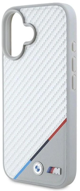 BMW BMHMP16S23 PUDTS Apple iPhone 16 6.1″ pilkas kietas dėklas M Carbon Tricolor Line MagSafe