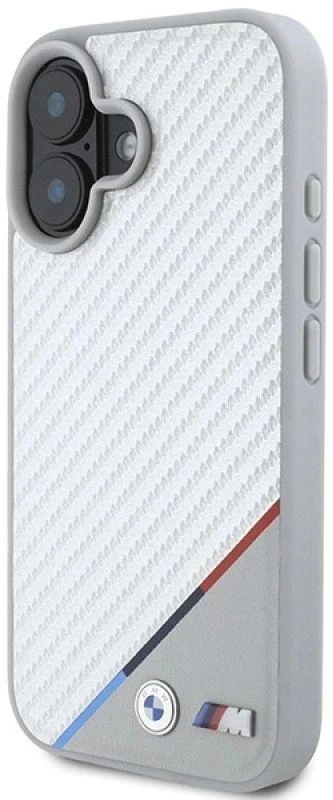BMW BMHMP16S23 PUDTS Apple iPhone 16 6.1″ pilkas kietas dėklas M Carbon Tricolor Line MagSafe
