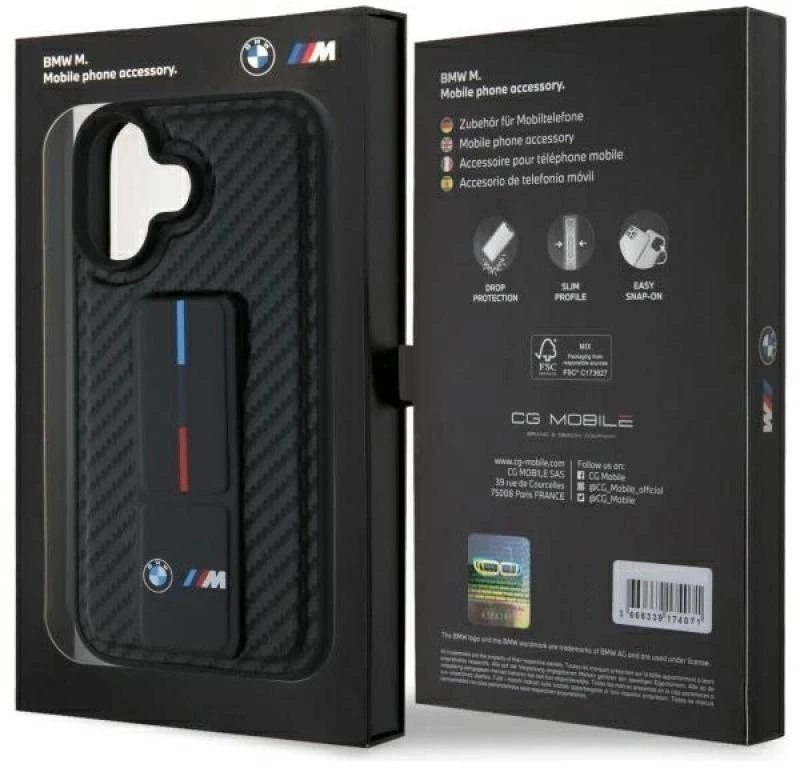 BMW BMHCP16SGSPCCK Apple iPhone 16 6.1″ juodos spalvos kietas dėklas M Grip Stand Smooth and Carbon