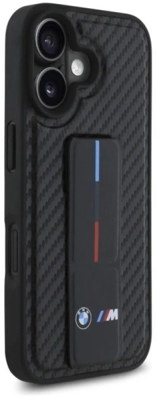 BMW BMHCP16SGSPCCK Apple iPhone 16 6.1″ juodos spalvos kietas dėklas M Grip Stand Smooth and Carbon