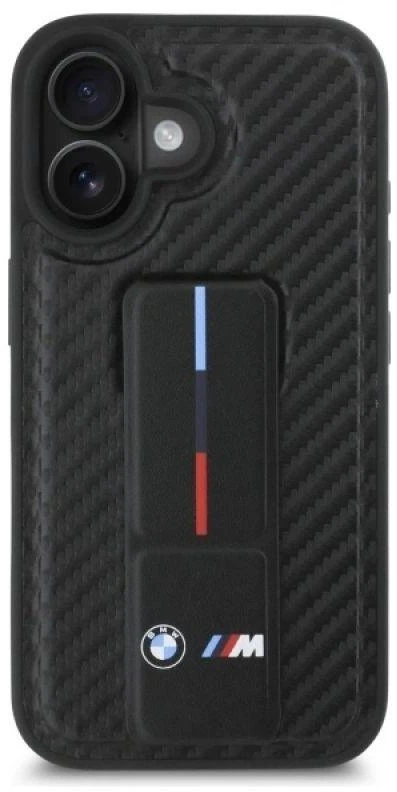 BMW BMHCP16SGSPCCK Apple iPhone 16 6.1″ juodos spalvos kietas dėklas M Grip Stand Smooth and Carbon