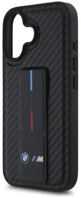 BMW BMHCP16SGSPCCK Apple iPhone 16 6.1″ juodos spalvos kietas dėklas M Grip Stand Smooth and Carbon