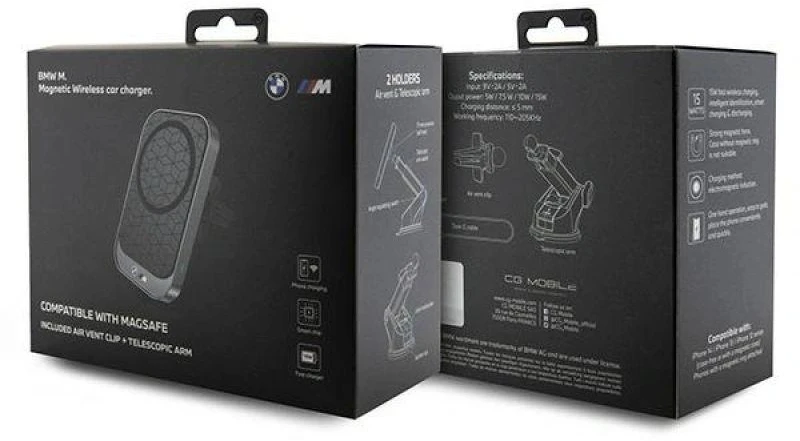 BMW indukcinis laikiklis BMMWCCMPGPK 15W prietaisų skydeliui / priekiniam stiklui / ventiliacijos angai juodos spalvos MagSafe M Edition
