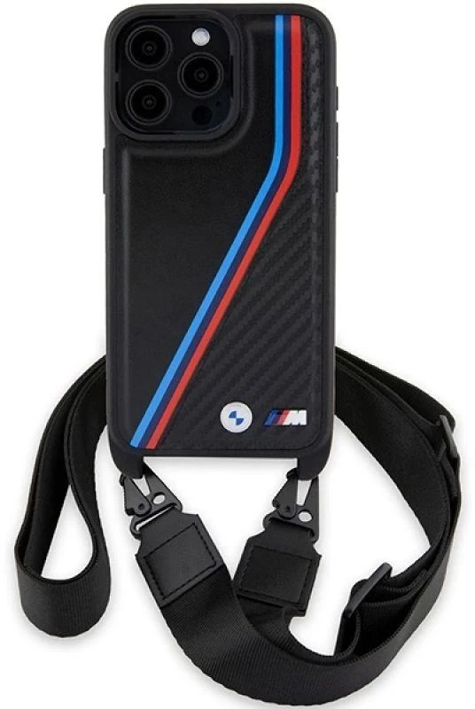 Dėklas BMW BMHCP15X23 PSVTK Apple iPhone 15 Pro Max 6.7″ juodos spalvos kietas dėklas M Edition Carbon Tricolor Line