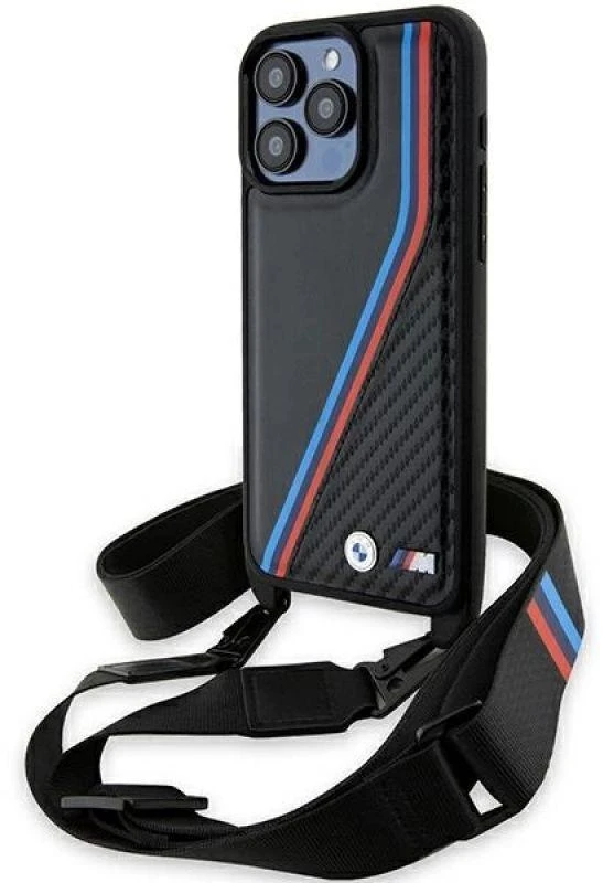 Dėklas BMW BMHCP15X23 PSVTK Apple iPhone 15 Pro Max 6.7″ juodos spalvos kietas dėklas M Edition Carbon Tricolor Line