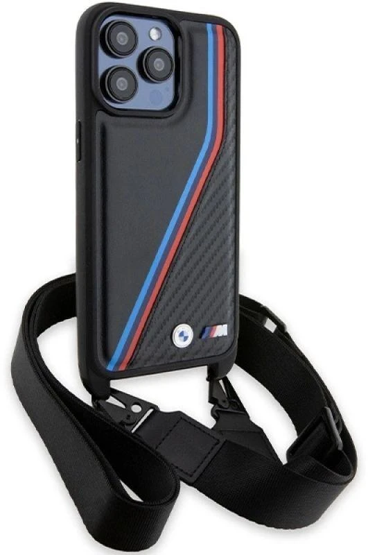 Dėklas BMW BMHCP15L23PSVTK Apple iPhone 15 Pro 6.1″ juodos spalvos hardcase M Edition Carbon Tricolor Lines & Strap