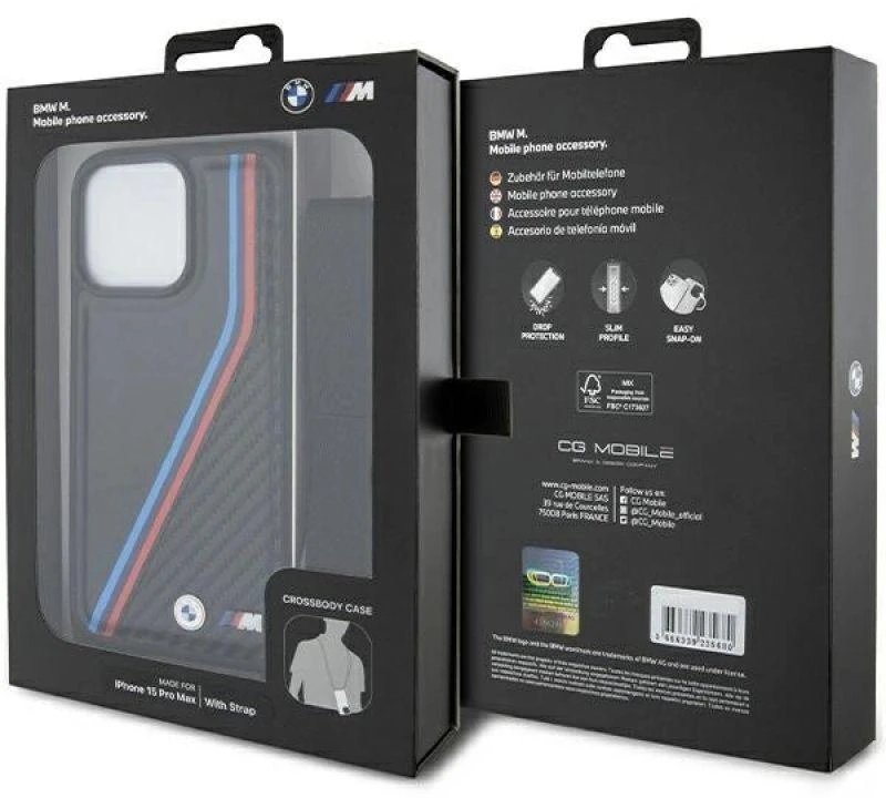 Dėklas BMW BMHCP15L23PSVTK Apple iPhone 15 Pro 6.1″ juodos spalvos hardcase M Edition Carbon Tricolor Lines & Strap
