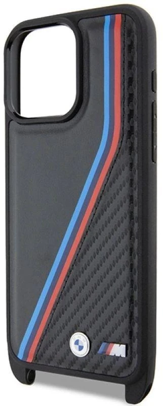 Dėklas BMW BMHCP15L23PSVTK Apple iPhone 15 Pro 6.1″ juodos spalvos hardcase M Edition Carbon Tricolor Lines & Strap