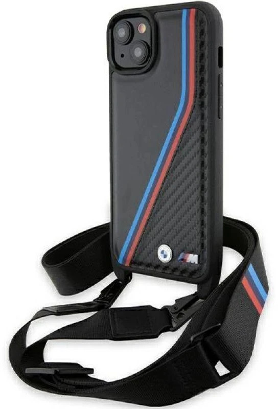 Dėklas BMW BMHCP15M23 PSVTK Apple iPhone 15 Plus 14 Plus 6.7″ juodos spalvos kietas dėklas M Edition Carbon Tricolo