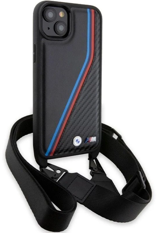 Dėklas BMW BMHCP15M23 PSVTK Apple iPhone 15 Plus 14 Plus 6.7″ juodos spalvos kietas dėklas M Edition Carbon Tricolo