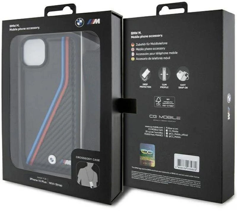 Dėklas BMW BMHCP15M23 PSVTK Apple iPhone 15 Plus 14 Plus 6.7″ juodos spalvos kietas dėklas M Edition Carbon Tricolo
