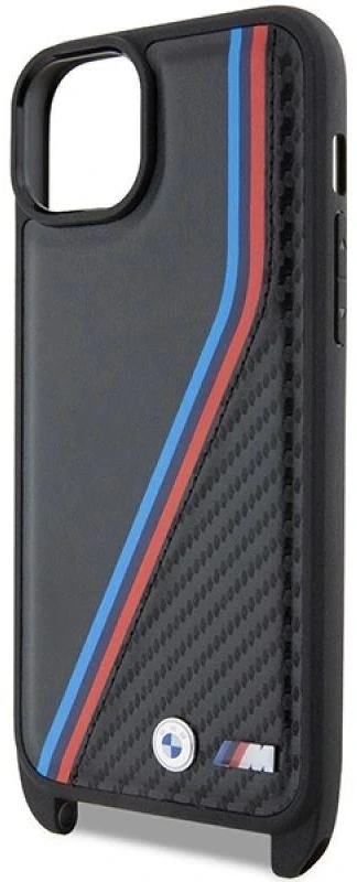 Dėklas BMW BMHCP15S23 PSVTK Apple iPhone 15 14 13 6.1″ juodos spalvos kietas dėklas M Edition Carbon Tricolor Lines & S