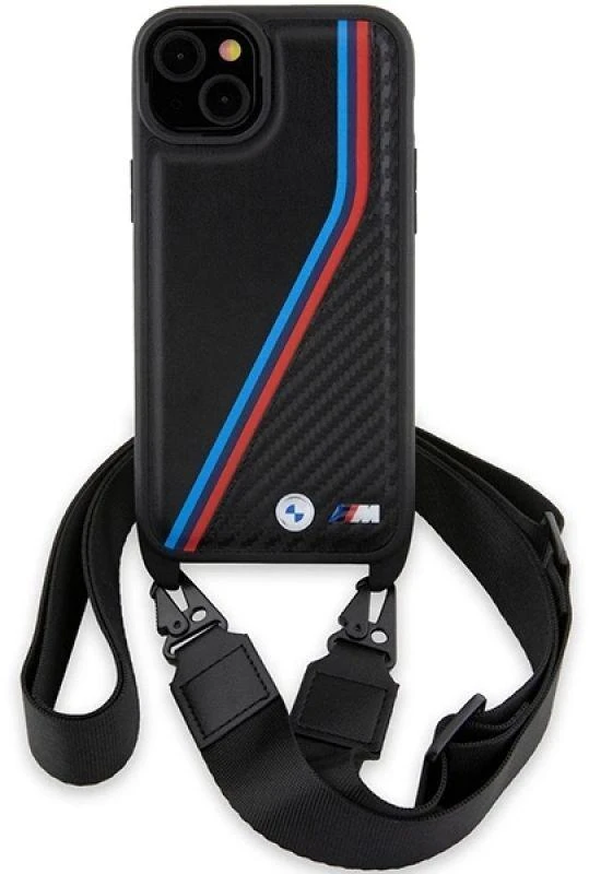 Dėklas BMW BMHCP15S23 PSVTK Apple iPhone 15 14 13 6.1″ juodos spalvos kietas dėklas M Edition Carbon Tricolor Lines & S