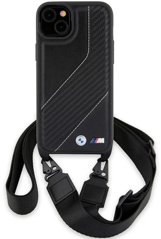 Dėklas BMW BMHCP15S23PSCCK Apple iPhone 15 / 14 / 13 6.1″ juodos spalvos hardcase M Edition Carbon Stripe & Strap